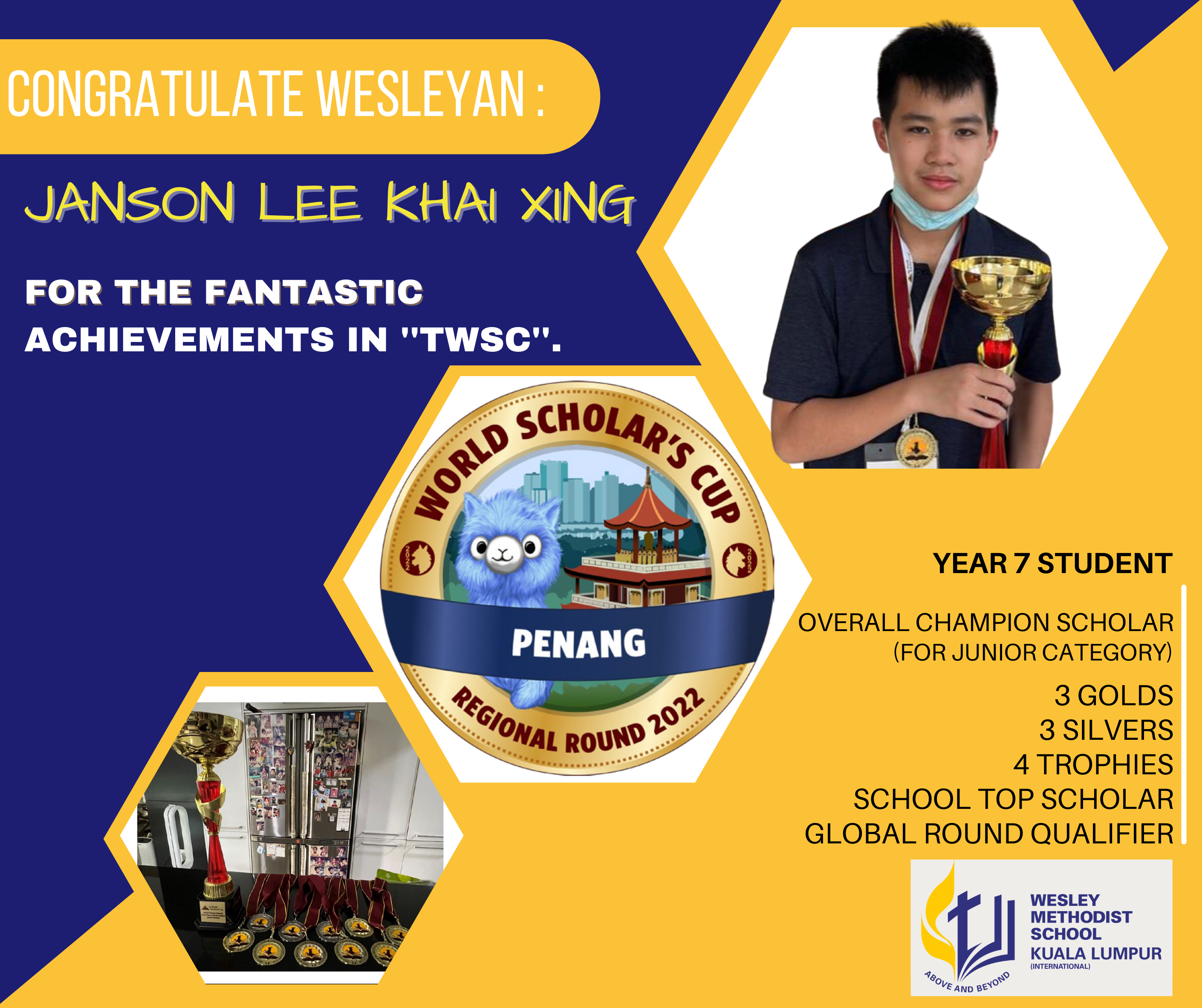 * Overall Champion Scholar (Junior Category) in the World Scholar's Cup Penang II Round 2022
